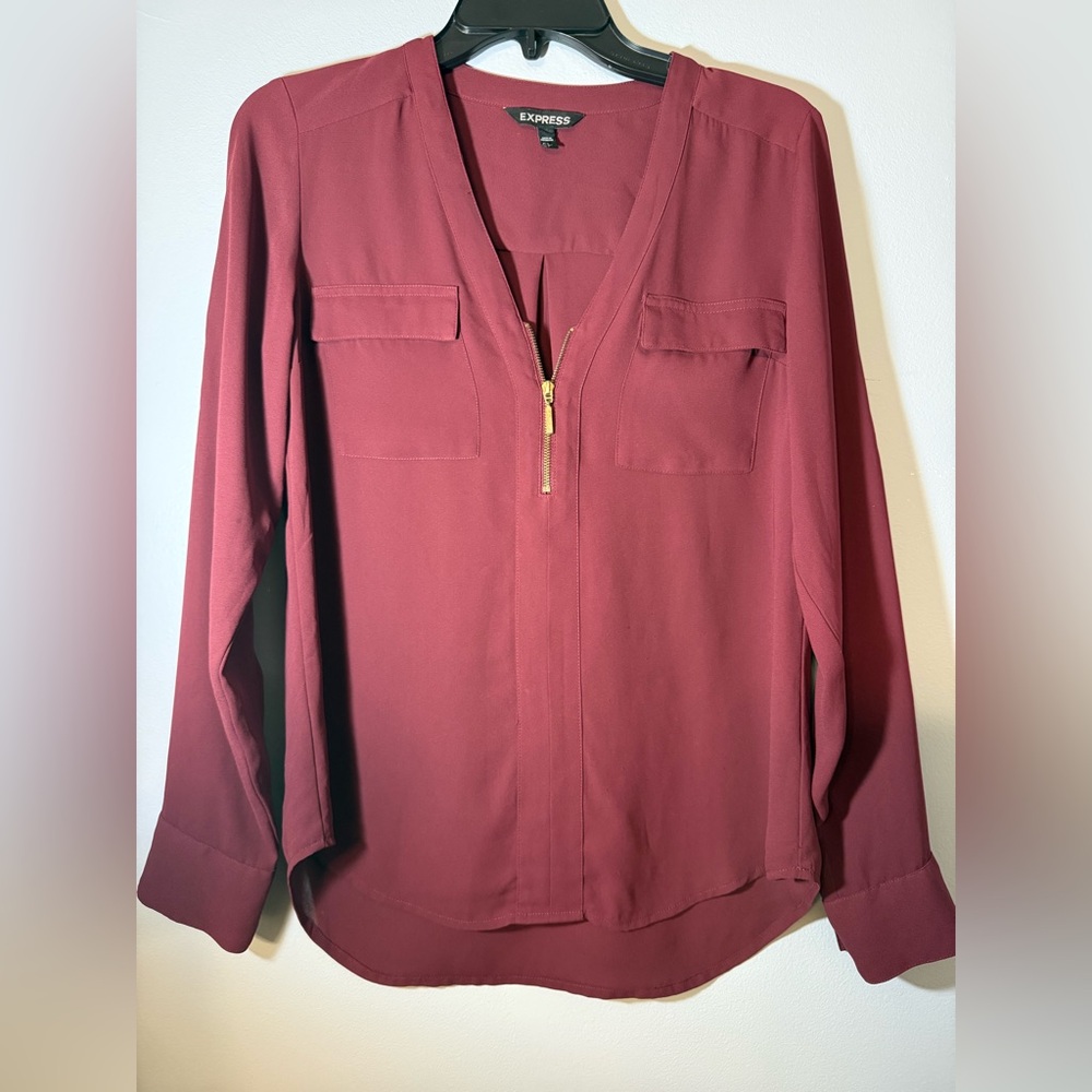 Express Deep Red Blouse with Gold Zip Detail